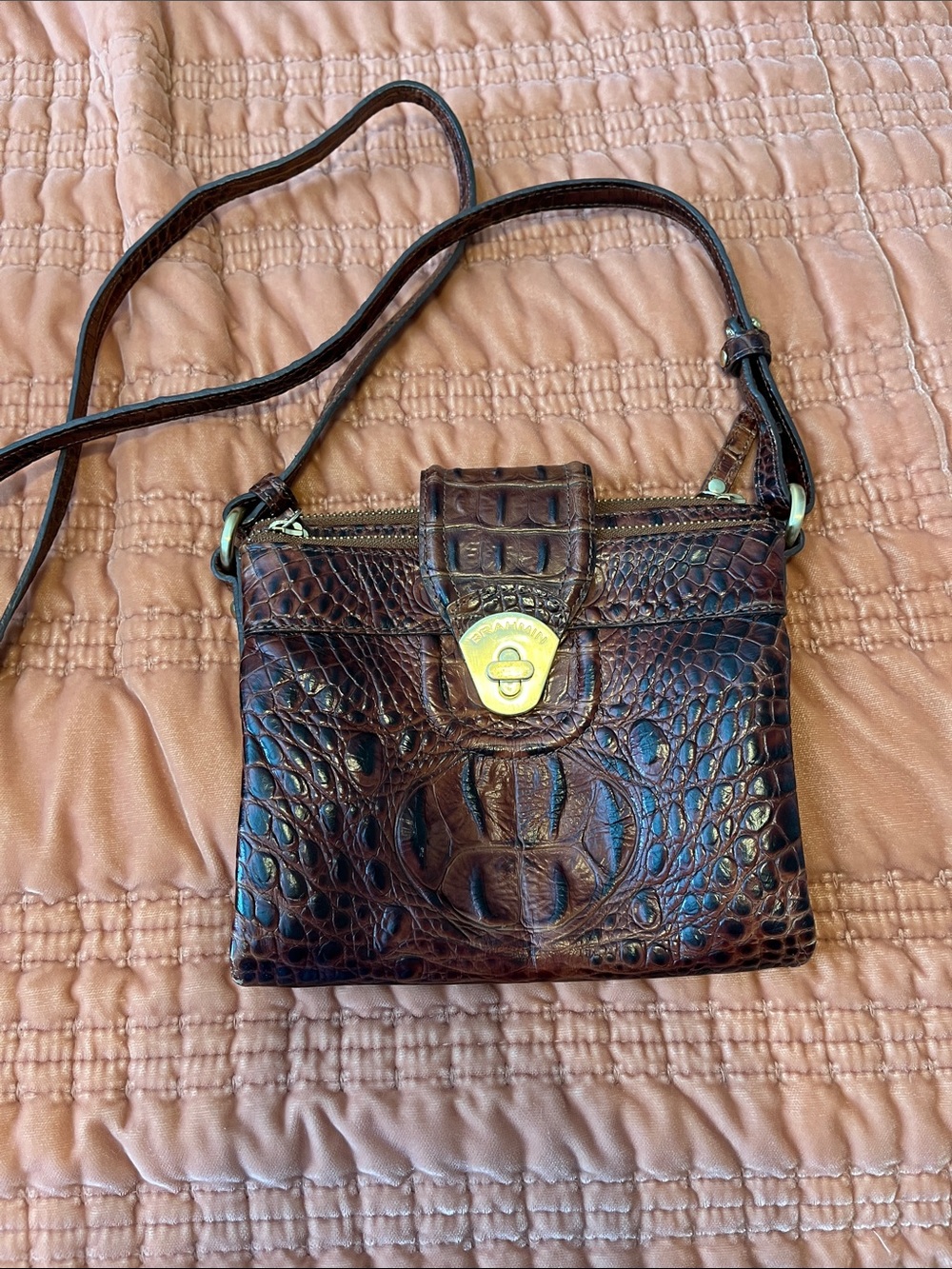 Brahmin Dark Brown Croc-Embossed Leather Crossbody with Gold Hardware